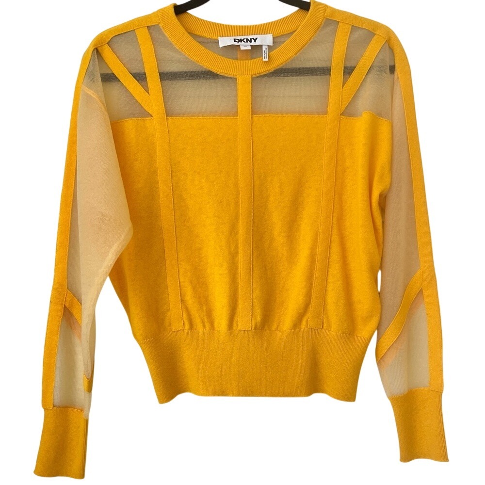 DKNY Sheer Inset Knit Sweater Goldenrod Yellow Sz XS Mixed Media‎